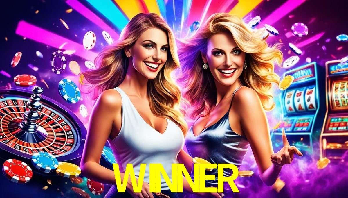 Escena dinámica inspirada en casino con iluminación WINNER, cartas, fichas e íconos de juegos digitales en un espacio moderno de juegos.