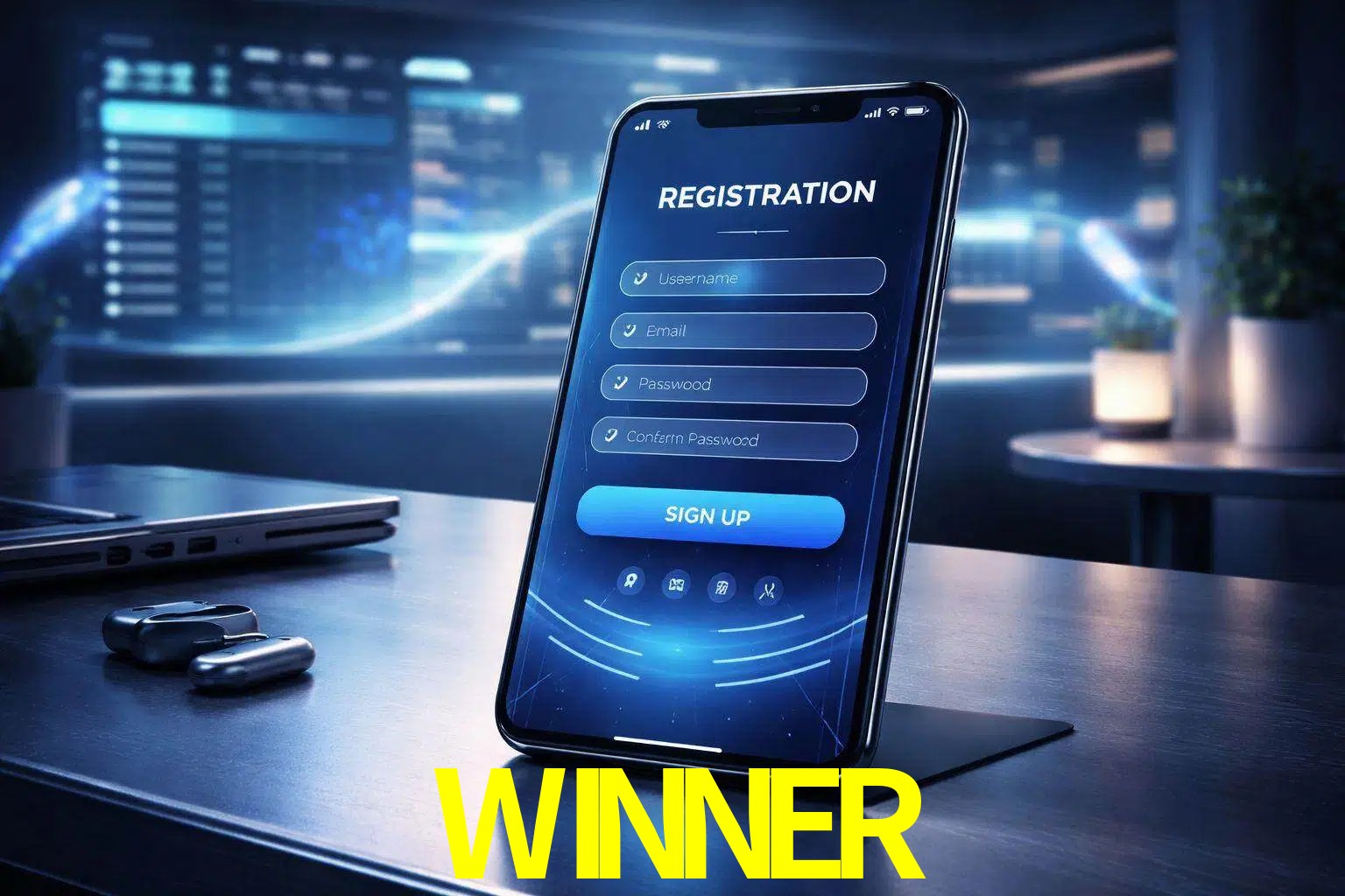 Una interfaz moderna de registro móvil para WINNER mostrada en un smartphone con un panel de apuestas elegante.